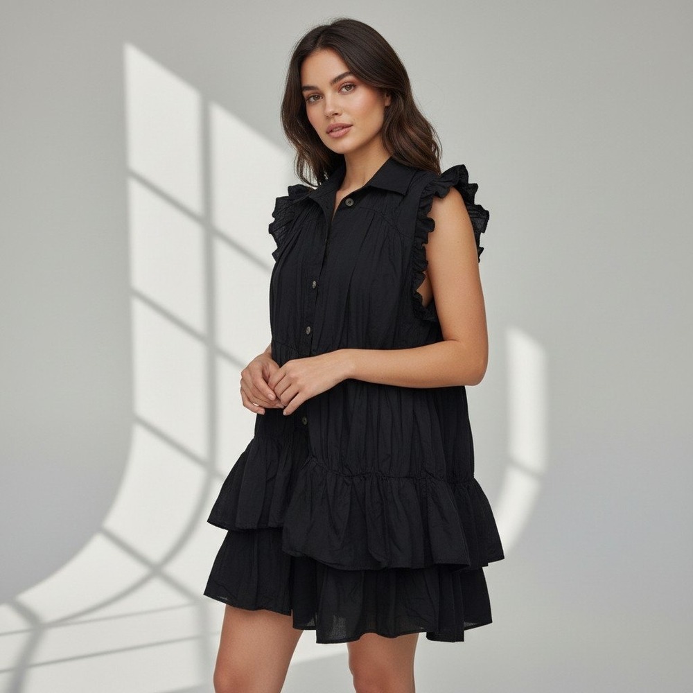 Anthropologie Black Tiered Ruffle Tunic Top Sleeveless Button Front Size Medium